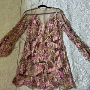 ASOS LUXE encrusted embellished mesh sheer mini dress in blush pink